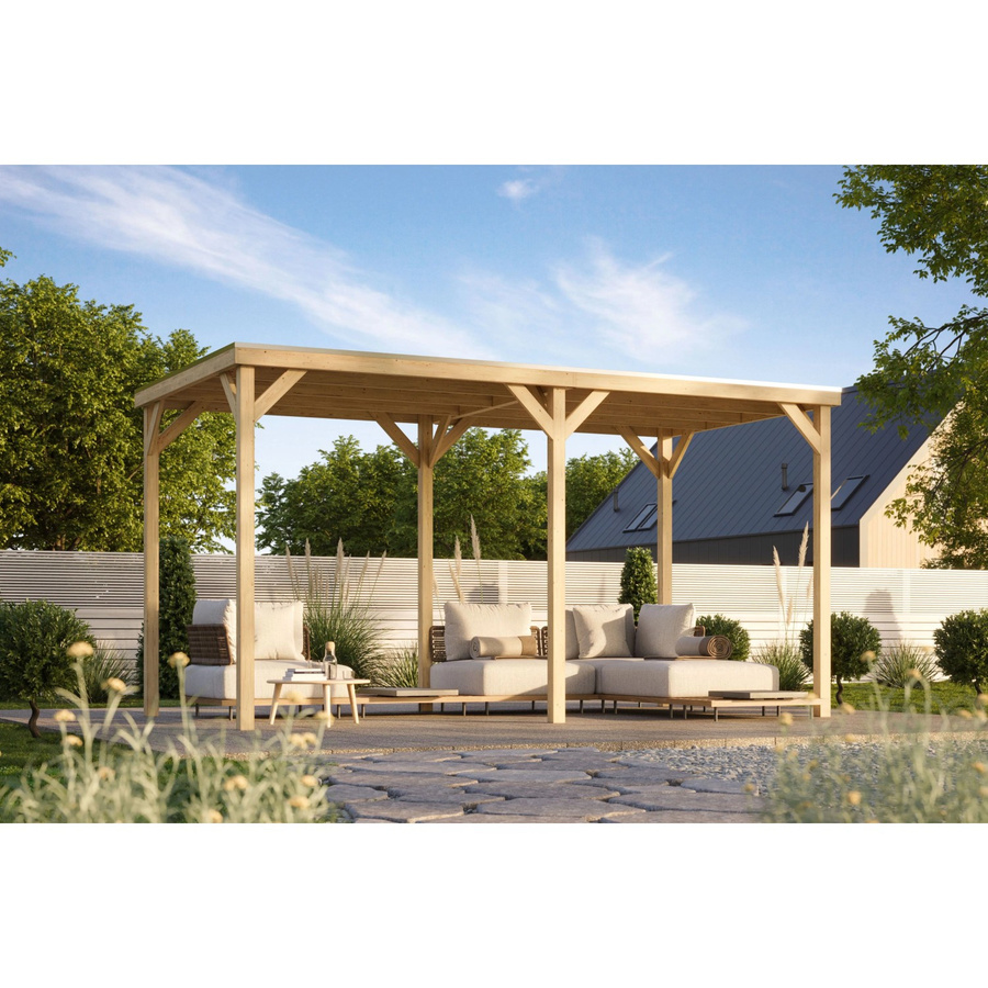 Karibu Pavillon Cannes XXL mit Verlängerung und Flachdach, naturbelassen, braun, B: 450 cm, T: 231 cm, H: 229 cm - Bild 2