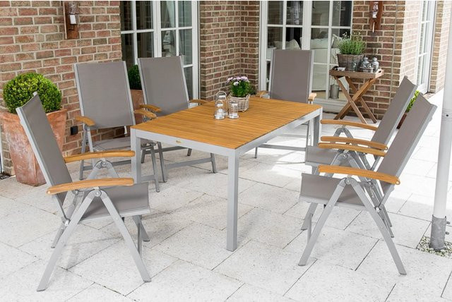 Merxx Gartenmöbel-Set Naxos 7-tlg. aus Aluminium und Akazienholz in Grau/Silber mit Tisch B: 150 cm, T: 90 cm, H: 74 cm - Bild 1