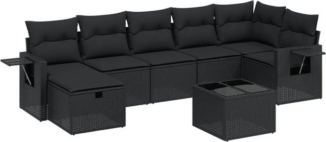 vidaXL 8-tlg Garten-Sofagarnitur in L-Form aus schwarzem Poly-Rattan mit Kissen und pulverbeschichtetem Stahlgestell - Bild 1