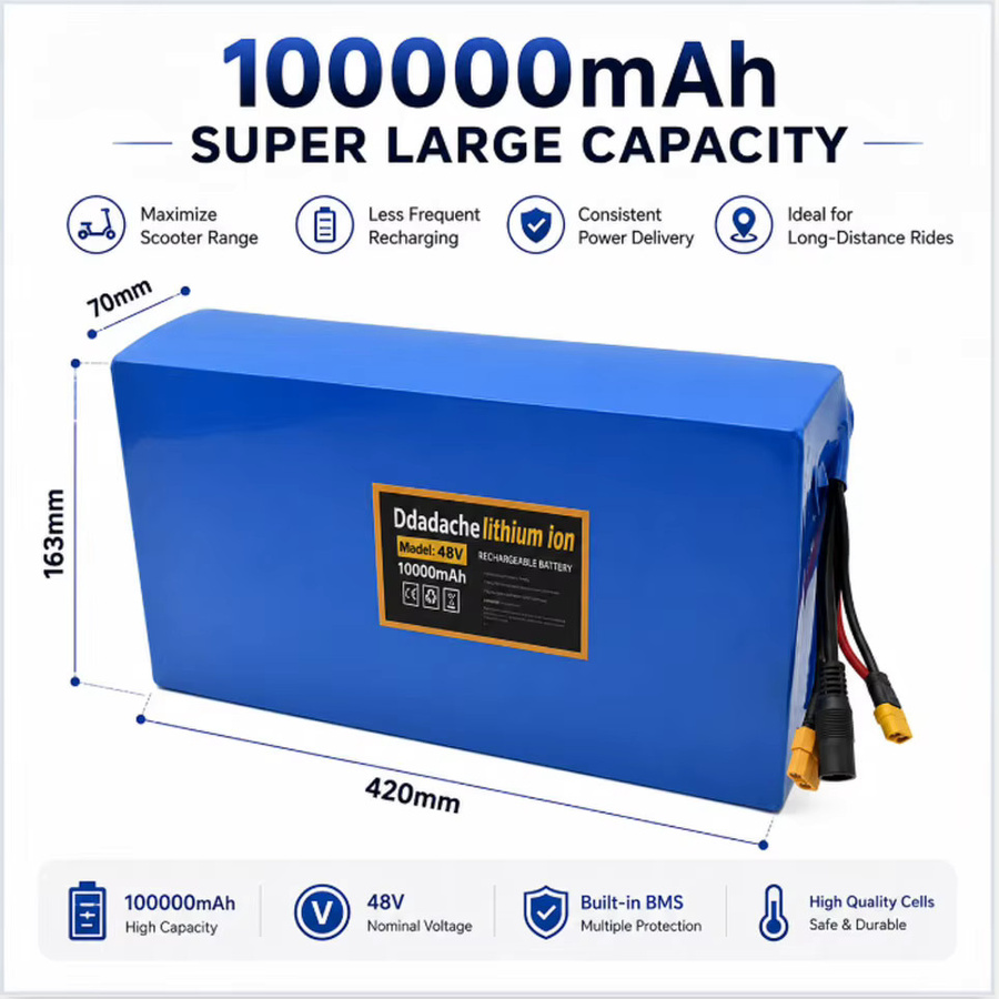 13S8P 48V 100Ah Lithium-Batteriepack 100000mAh 2000W E-Bike-Batterie mit 50A BMS und 54,6V-Ladegerät in Blau - Bild 2