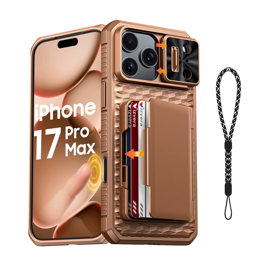 BANGZAO Wallet Case für 17 Pro Max mit Kartenhalter und verschiebbarer Kameraabdeckung aus PC und TPU in Orange und Braun - Bild 7