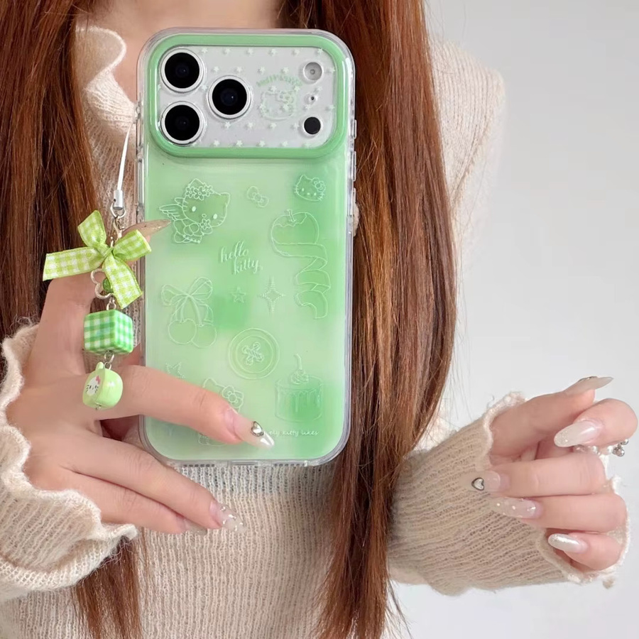 Sanrio Hello Kitty Schutzhülle im Kirsch-Kuchen-Stil für Apple iPhone 17 16 15 Pro Max, stoßfeste doppellagige Hülle mit Anhänger in Grün - Bild 2