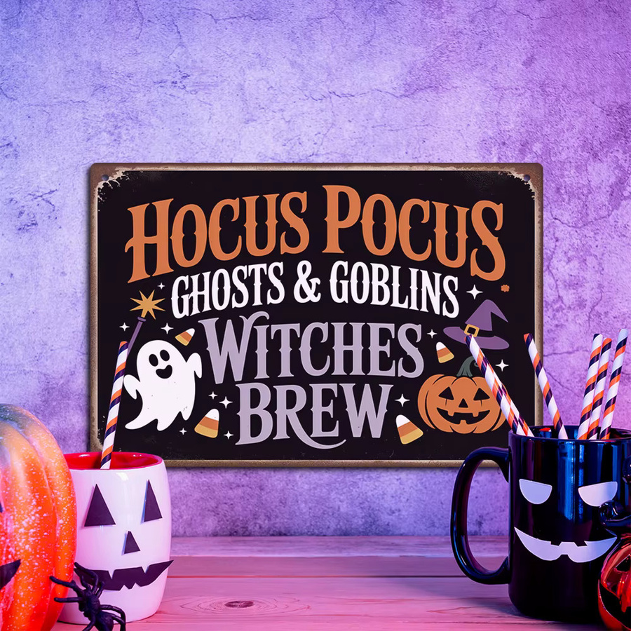 Putuo Decor Vintage-Metallblechschild Hocus Pocus Ghosts & Goblinswitches Wandkunstdekoration für Halloween in Mehrfarbig - Bild 5
