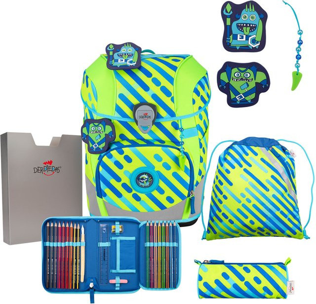 DerDieDas ErgoFlex Tiny Exklusiv NEON Schulrucksack 5-teiliges Set in Neon Monster Multicolor und Grün - Bild 1