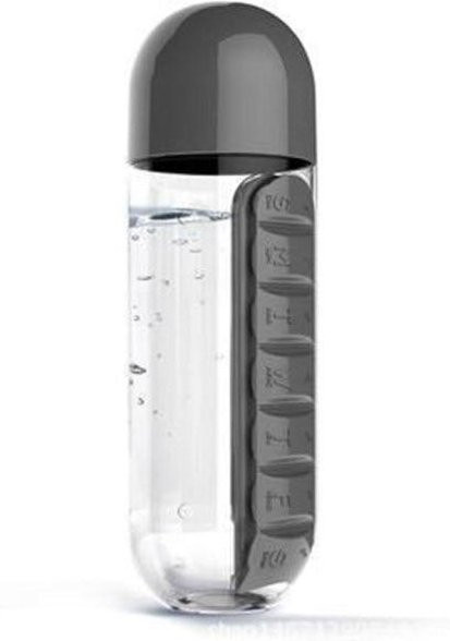 Faylisvow Wasserflasche mit integrierter wöchentlicher Pillendose und Medikamenten-Organizer in Grau - Bild 1
