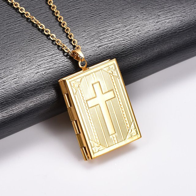 YULIN Anhänger Halskette Edelstahl, Kreuz Buchform, Gold, Unisex - Bild 1
