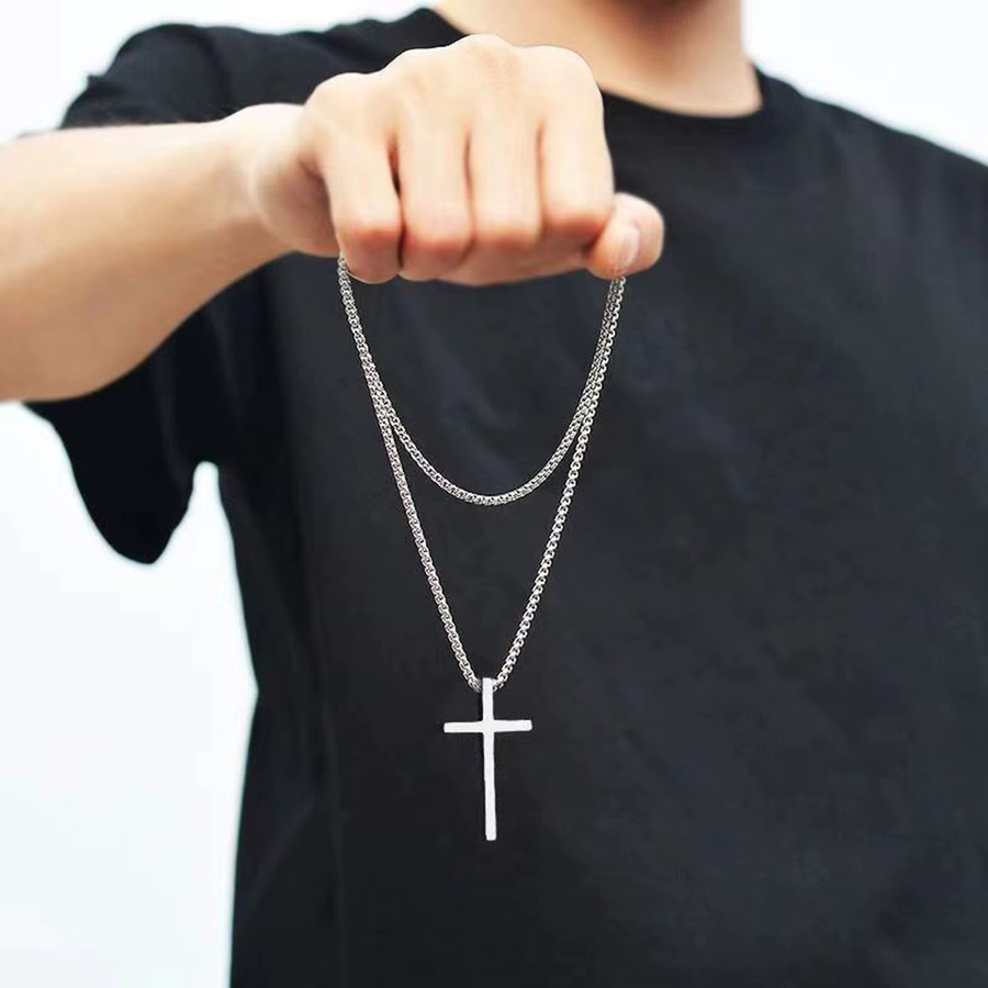 Vnox Halskette mit Kreuz-Anhänger, Edelstahl, Silber, Unisex - Bild 2