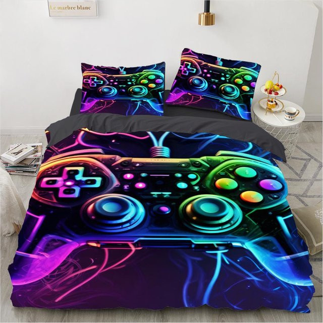 Bettwäsche-Set Game King Queen von JMG Household Supplies mit 3D-Spielgriff-Motiv in Schwarz und Multicolour, bestehend aus Bettbezug und Kissenbezug aus Mikrofaser, B/H: 135 x 200 cm - Bild 1