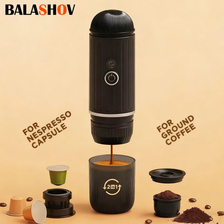 BALASHOV 2-in-1 Tragbare Elektrische Kabellose Espressomaschine in Schwarz für Kapseln und gemahlenen Kaffee, ideal für Auto, Camping und Zuhause
