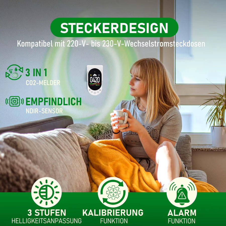 LSENLTY 3-in-1 CO2 Messgerät in Weiß zur Messung von CO2-Wert, Temperatur und Luftfeuchtigkeit mit Alarmfunktion und Handbuch - Bild 5