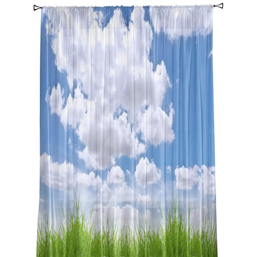 Yiran Furniture Transparent Voile-Vorhang mit Naturmotiv Blauer Himmel, weiße Wolken und Grünland aus Tüll und Organza, Farbe: Blau, Weiß, Grün, B: 135 cm, H: 115 cm - Bild 1