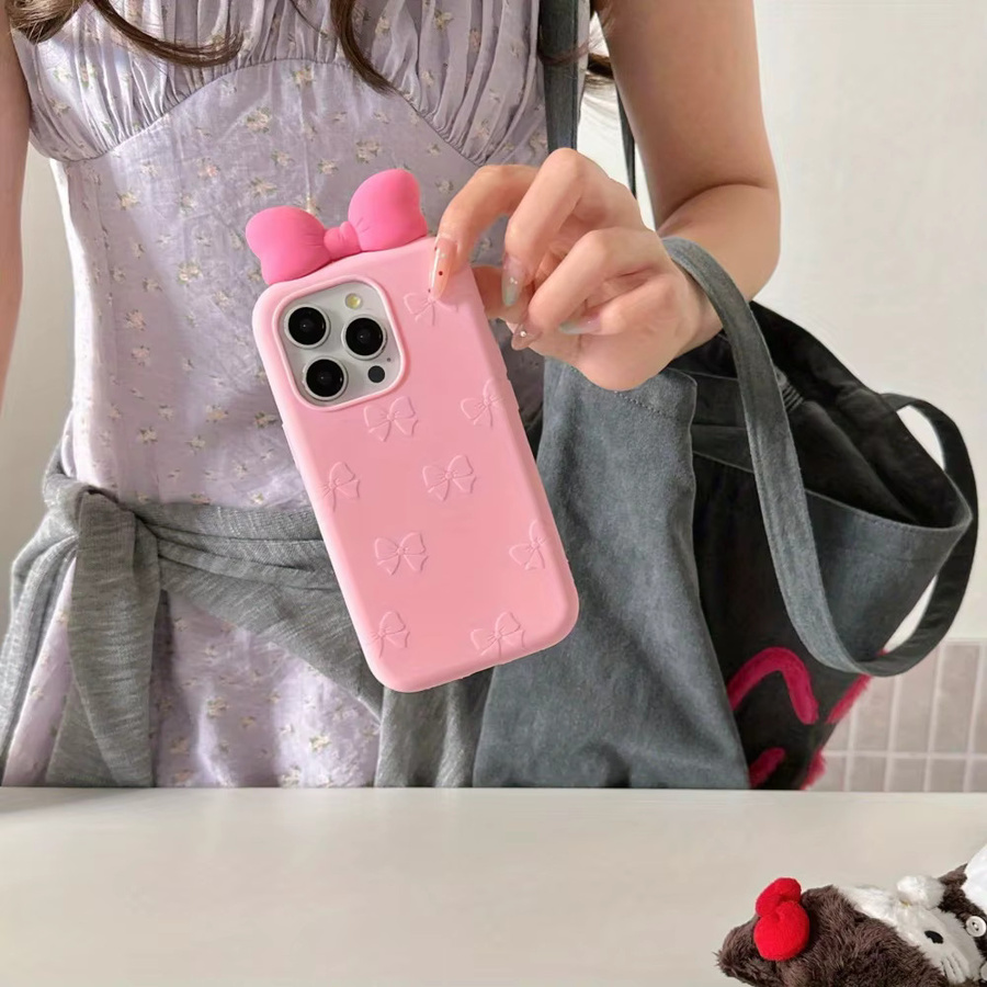 Rosa Silikon Handyhülle mit dreidimensionaler Schleife für Apple iPhone 16, 15, 14 und 13 Pro Max - Bild 3