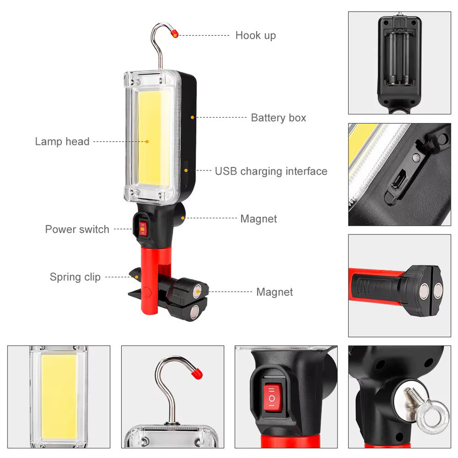 ESMARTER Tragbare COB-Laterne in Schwarz, USB wiederaufladbare LED-Arbeitslampe mit Magnet und Haken für Camping und Autoreparatur - Bild 4