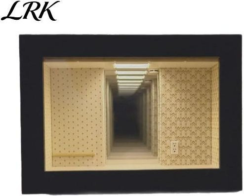 Nachttisch Bilderrahmen mit Unendlicher Spiegel Effekt als Nachtlicht im Backrooms Stil, Mattschwarz und Beige mit Holz und Glas - Bild 1