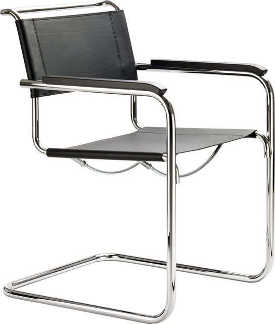 Thonet S 34 N Freischwinger mit Armauflagen aus schwarzem Kernleder und Buche - Bild 1