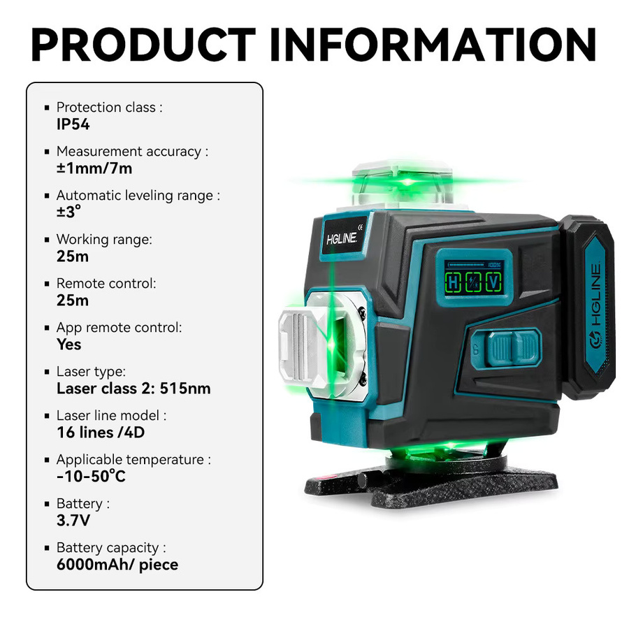HGLINE Professionelles 16-Linien-Lasernivelliergerät mit 1M Stativ und APP-Fernbedienung, Selbstnivellierendes Horizontal- und Vertikal-Lasernivelliergerät - Bild 3