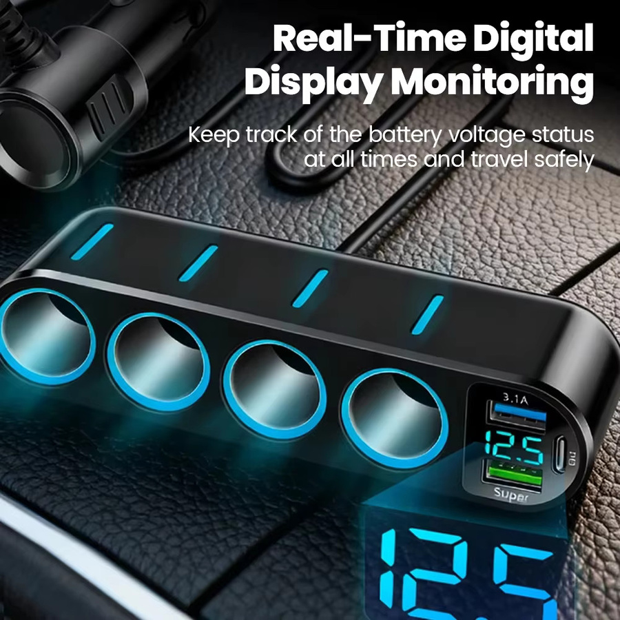 7-in-1 Autoladegerät Adapter von kebidumei in Schwarz mit 4 Buchsen, USB und USB-C, Zigarettenanzünder-Schnelllade-Netzteil mit Digitalanzeige - Bild 3