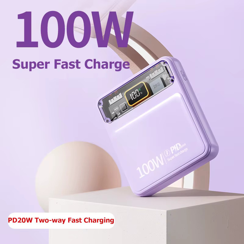 20000 mAh Power Bank mit 100 W Superschnellladefunktion und 4 integrierten Kabeln für iPhone, Xiaomi, Huawei und Samsung in Schwarz oder Lila - Bild 2