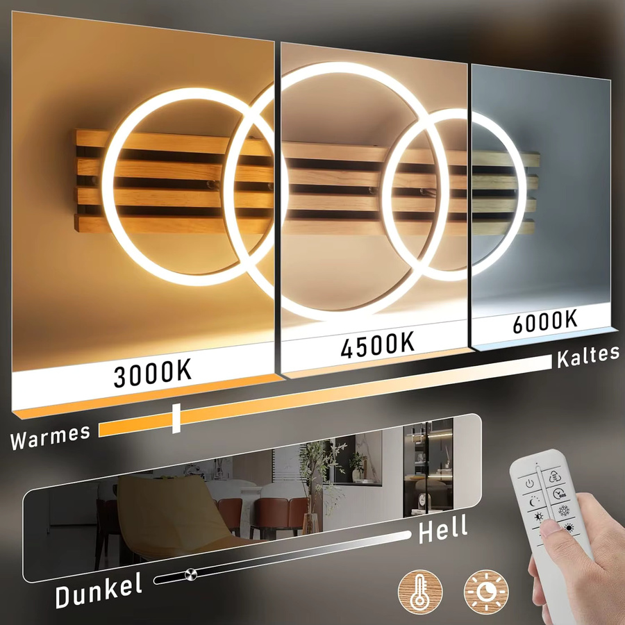 GBLY LED-Deckenleuchte aus Holz mit 3 Ringen, dimmbar mit Fernbedienung, 46W, Durchmesser: 70 cm, Weiß - Bild 2