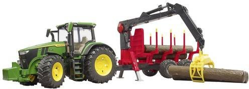 Bruder John Deere 7R 350 Traktor mit Rückeanhänger und Baumstammstämmer Fertigmodell für die Landwirtschaft