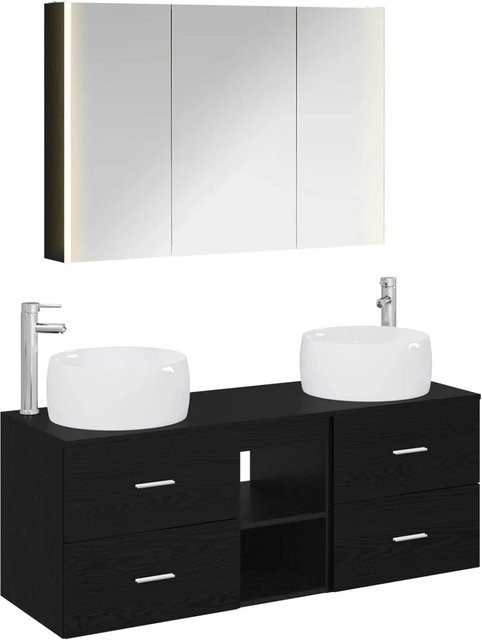 vidaXL Badezimmermöbel-Set 4-teilig in Schwarz Eiche matt mit Glas und LED-Beleuchtung - Bild 1