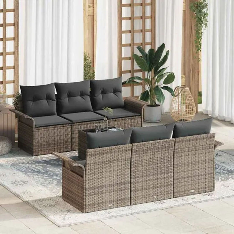 Vidaxl Polyrattan Garten-Sofa-Set mit Kissen in Grau, modulares Loungemöbel-Set aus 7 Teilen, B/T/H: 55 x 55 x 37 cm - Bild 1