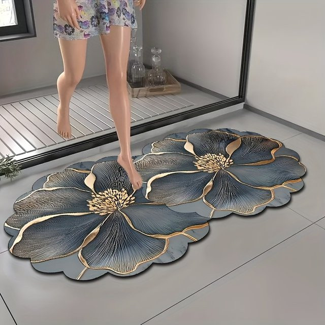 VIKAMA Luxus-Blumenteppich in Tiefblau mit Goldfaden-Blütenblättern, rutschfest und wasserabsorbierend im modernen nordischen Design - Bild 1