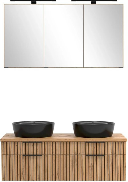 Held Möbel Waschtisch-Set mit Spiegelschrank und zwei runden mattschwarzen Aufsatz-Keramikbecken in Eiche Schwarz, B/T/H: 200 x 120 x 47 cm - Bild 1