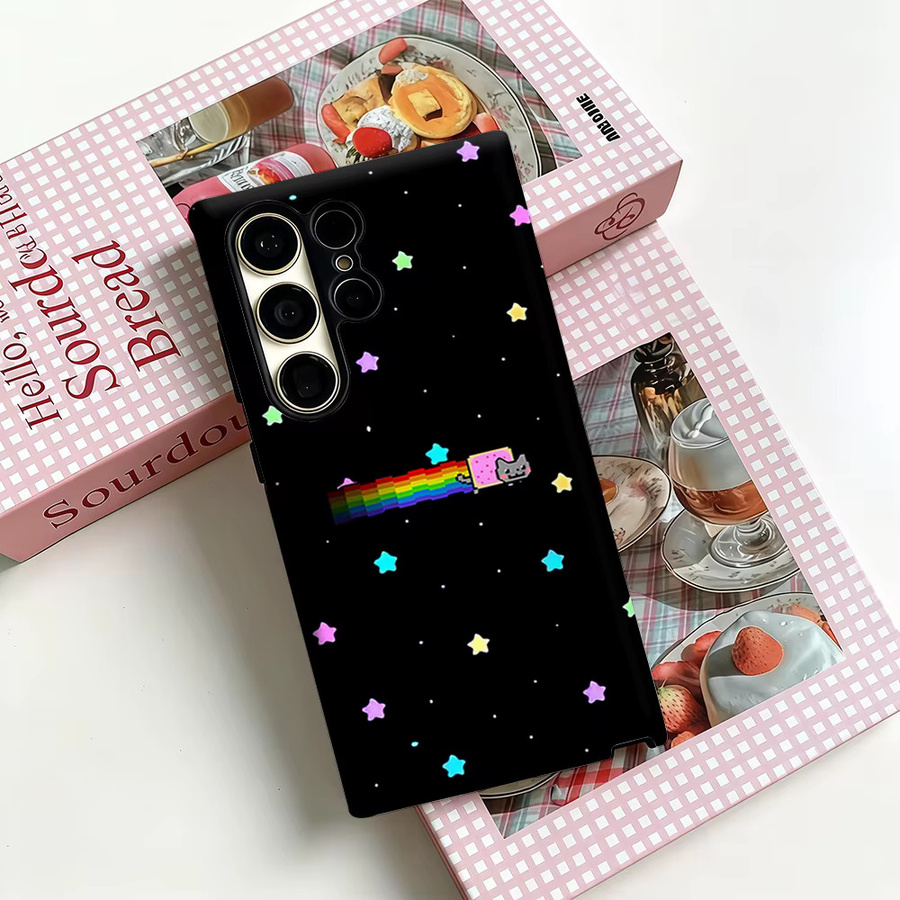 Potdemiel Handyhülle Regenbogen-Weltraum-Katze für Samsung Galaxy S26 S25 S24 S23 Ultra Plus, stoßfeste Doppelschicht-Rückabdeckung, mehrfarbig - Bild 3