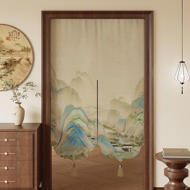 Sichtschutzvorhang im Retro-Stil mit Berg- und Wasser-Motiv aus Baumwolle und Leinen, Mehrfarbig, Verdunkelungsvorhang für Türen, Schlafzimmer und Badezimmer - Bild 1