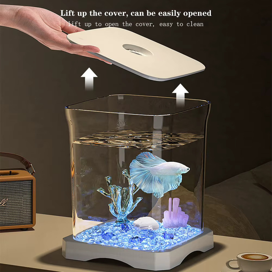 HiMISS Mini-Desktop-Betta-Aquarium-Starter-Set, ultratransparent, Weiß, B/T/H: 11,8 x 11,8 x 17,7 cm - Bild 2