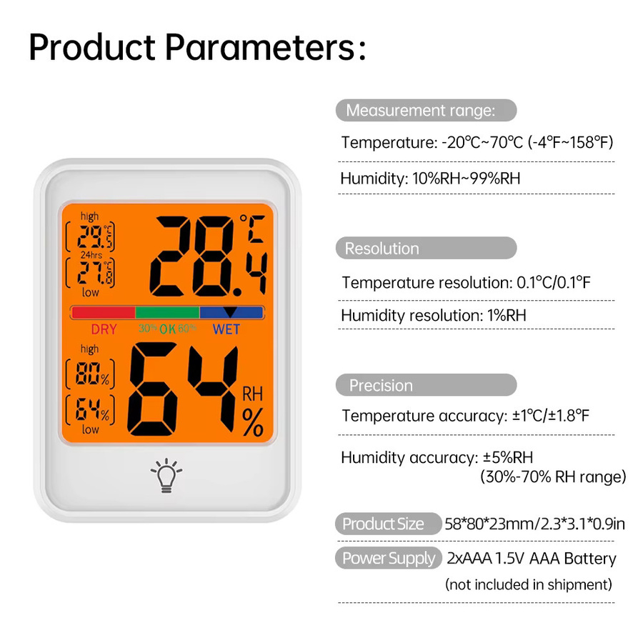 Aideepen Tragbares digitales Temperatur- und Luftfeuchtigkeitsmessgerät mit Großbild-Display und Hintergrundbeleuchtung in Schwarz oder Weiß - Bild 4