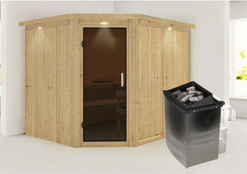 Karibu Sauna Haaspsalu aus Fichtenholz in Beige mit 9 kW Saunaofen und integrierter Steuerung für 4 Personen, B/T/H: 245 x 210 x 202 cm - Bild 1