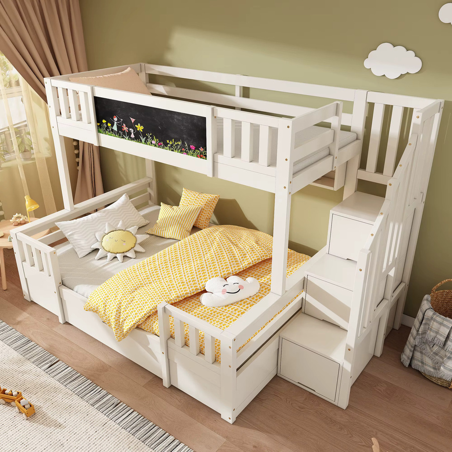 KOMHTOM Massivholz Etagenbett für Kinder in Weiß mit Kreidetafel, Treppe mit Stufen und Schubladen, B/T/H: 90 x 200 cm - Bild 3