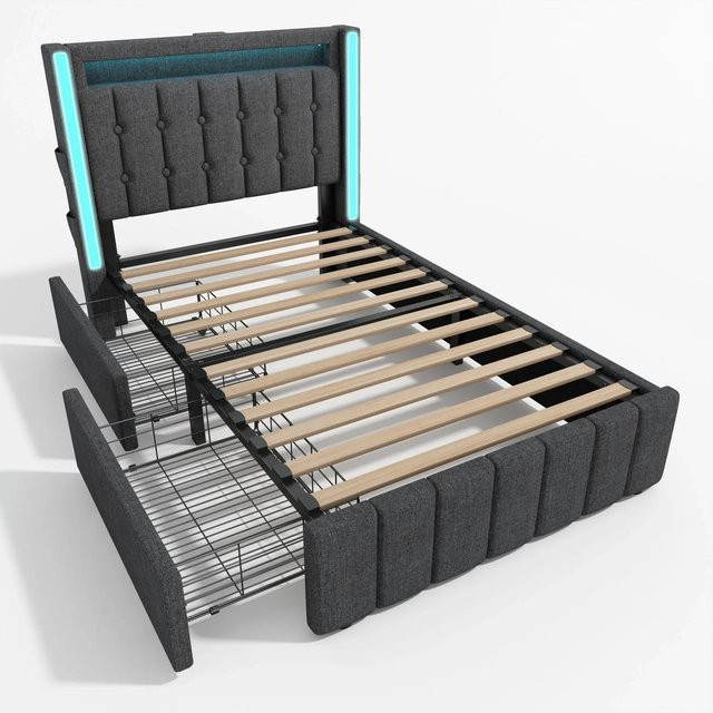 Merax Jugendbett in Grau mit LED-Unterbettbeleuchtung, USB-C Ladestation und Schubladen, B/T/H: 90 x 200 x 104 cm - Bild 1