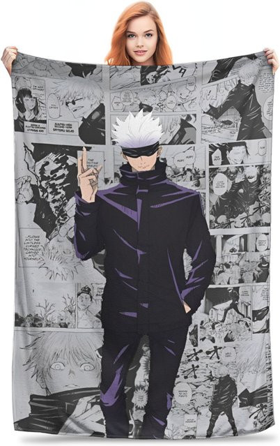 Gojo Satoro Jujutsu Kaisen Fleece-Kuscheldecke aus superweichem Material, Farbe: Weiß/Grau, B x L: 130 x 170 cm - Bild 1
