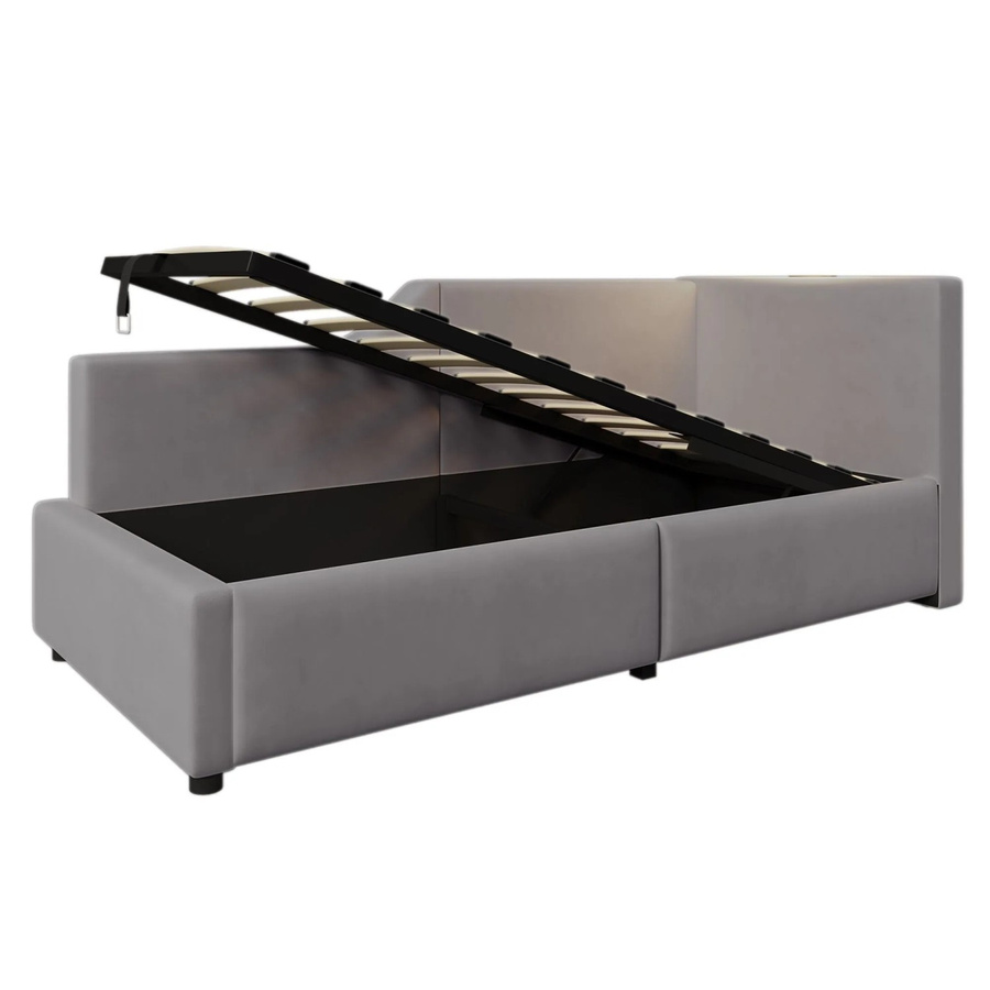 okwish Polsterbett für Kinder in Grau mit Stauraum, integriertem Leselicht, USB-Ladeanschluss und Nachttischablage, B/T/H: 90 x 190 x 103 cm - Bild 2