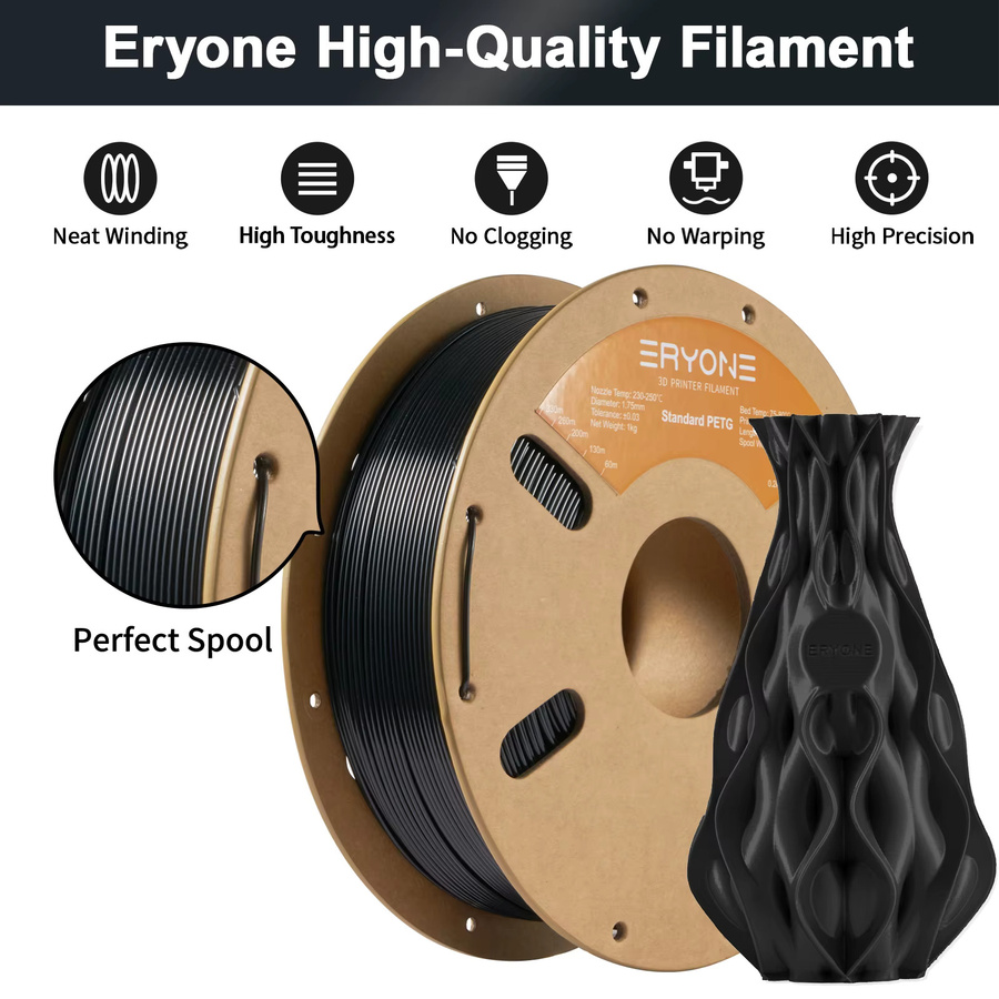 ERYONE PETG Filament für FDM 3D-Drucker, 1,75 mm, Schwarz, 1 kg - Bild 3