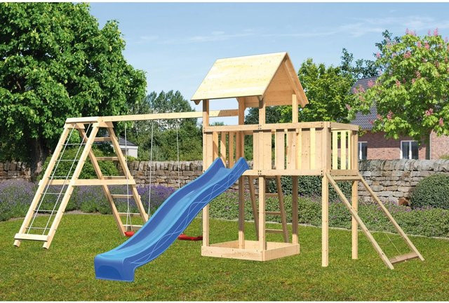 Karibu Spielturm Lotti Klettergerüst mit Doppelschaukel, Plattform, Netz und Rutsche in Blau - Bild 1