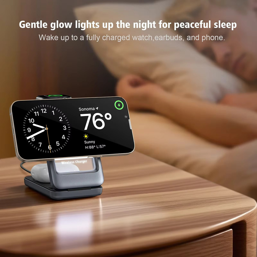 XIKCU 3-in-1 Magnetische Kabellose Ladestation für iPhone 12 bis 17, Apple Watch und AirPods Pro, Faltbarer Desktop-Ständer, Farbe: Silber - Bild 2