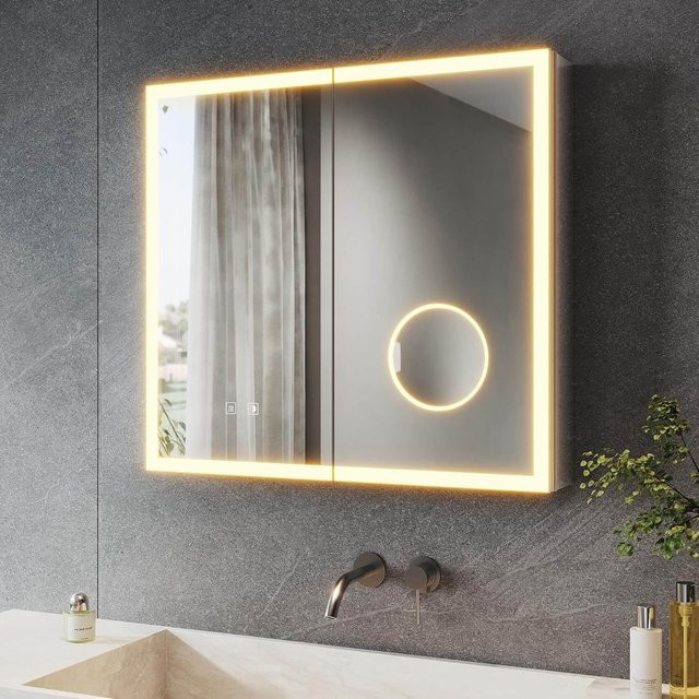 SONNI LED Spiegelschrank Bad in Silber mit integrierter Steckdose, 3-fachem Vergrößerungsspiegel, Touch-Schalter, Defogging-Funktion und 3 Lichtfarben, B/H: 60 x 65 cm - Bild 1