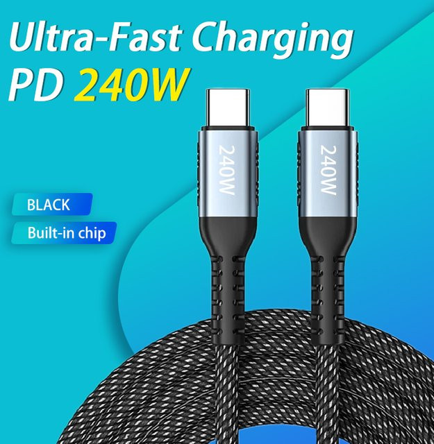 240 W PD Ultraschnellladekabel USB C auf C 5 A in Schwarz für MacBook, iPad, iPhone 15 und Samsung Galaxy Geräte mit Datensynchronisierung - Bild 1