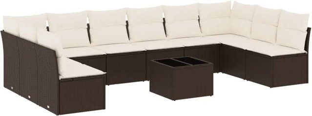 vidaXL 11-tlg. Garten-Sofagarnitur in L-Form aus braunem Polyrattan mit UV-beständigen Kissen und Metallrahmen - Bild 1