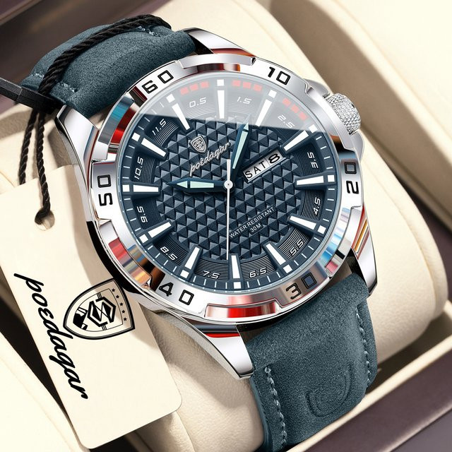 POEDAGAR Armbanduhr Quarz, Leder, Schwarz, Herren, Datum, Wochenanzeige - Bild 1