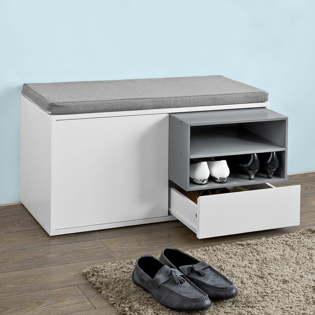 SoBuy Schuhbank mit Sitzkissen in Weiß, moderne Garderobenbank und Schuhschrank für Flur und Wohnzimmer, B/T/H: 80 x 35 x 46 cm - Bild 1