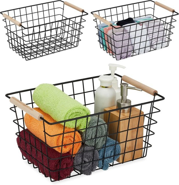 Relaxdays Drahtkorb 3er Set aus Eisen in Schwarz mit Holzgriffen und Gitterdesign, B/T/H: 31 x 16 x 21 cm - Bild 1