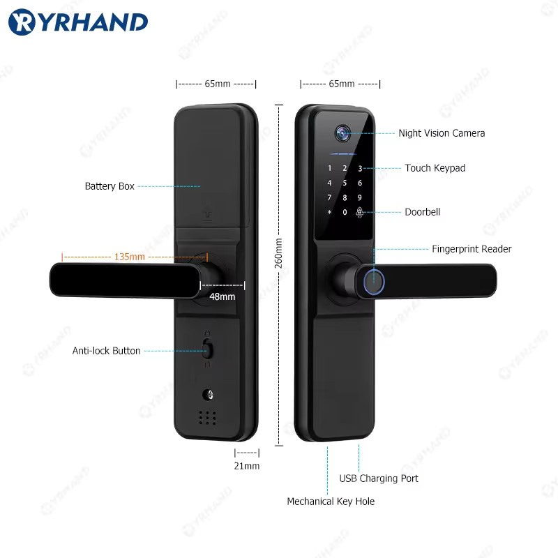 YRHAND H01 Smart Türschloss mit Biometrie-Kamera, Fingerabdruck und Tuya Wifi, Schwarz - Bild 4