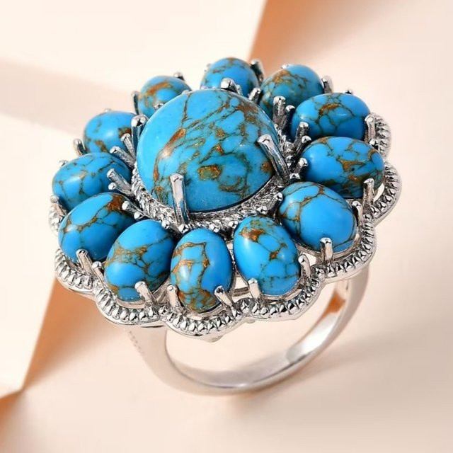 YoYo Ring, Blumenförmig, Silberbeschichtet, Synthetischer Türkis, Damen - Bild 1