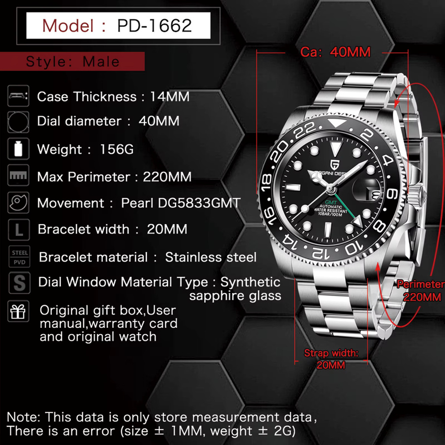 PAGANI DESIGN Armbanduhr, GMT, Mechanisch, Edelstahl, Saphirglas, Herren - Bild 6