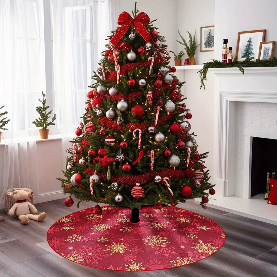 VIKAMA Weihnachtsbaumrock mit Schneeflocken-Design in Rot, runder Baumrock für Weihnachtsfeier und Neujahr - Bild 3